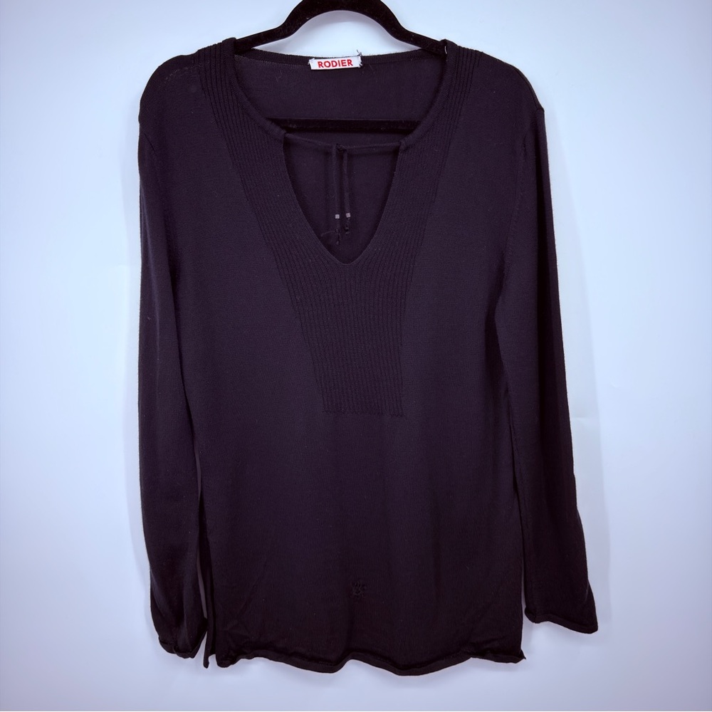 Rodier Paris 100% Wool Black V-Neck Sweater French Designer Size L